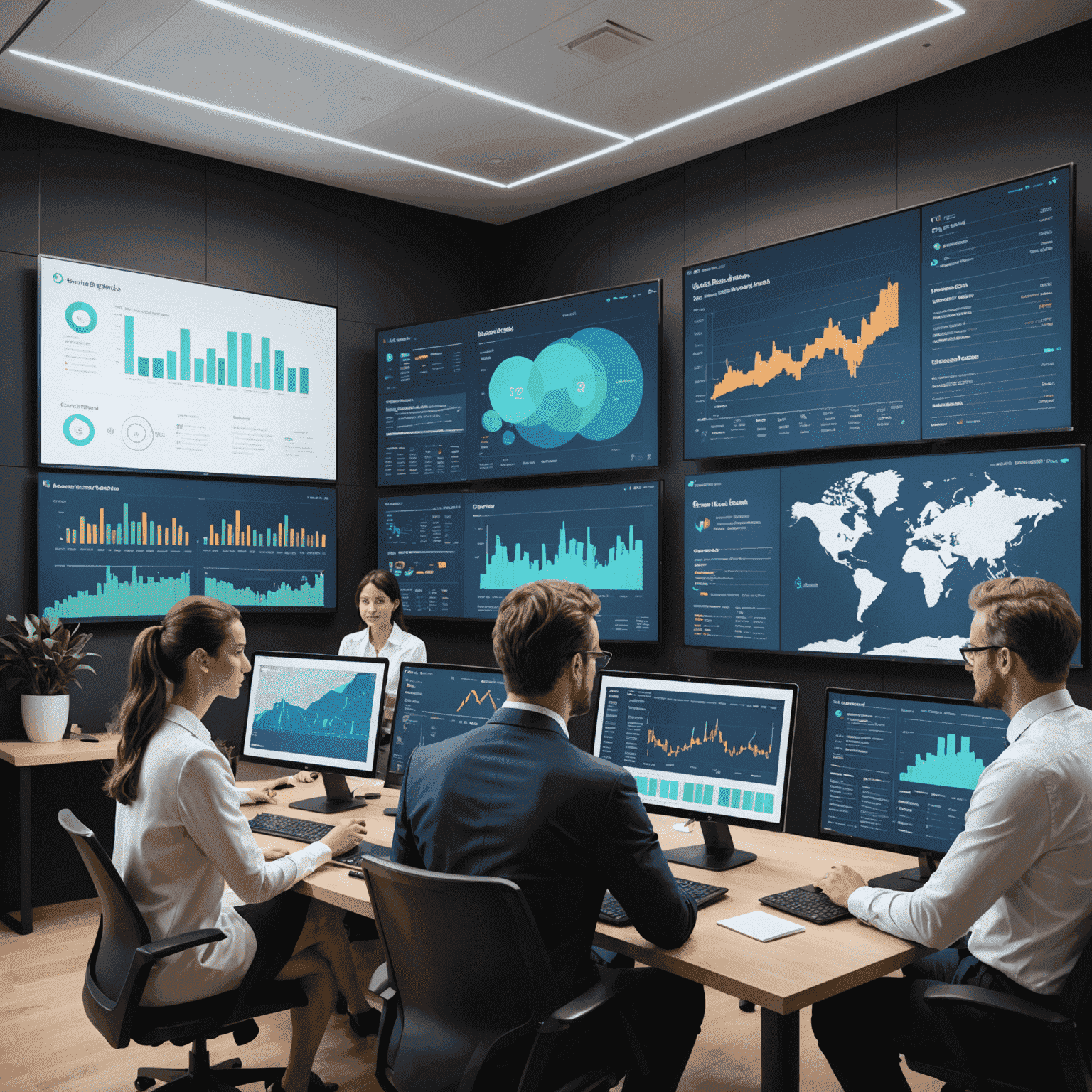 Business professionals analyzing data on large screens, discussing strategy based on visualized insights