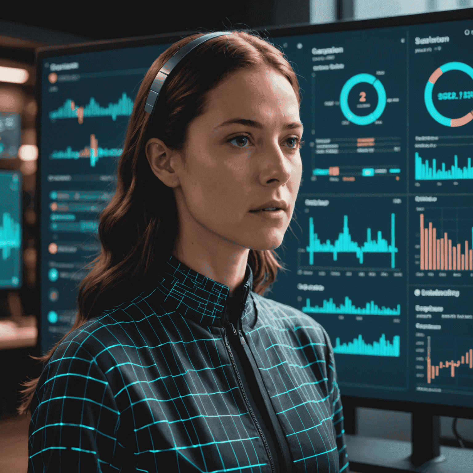 A person using a voice-activated data visualization system, with holographic charts and graphs appearing in response to spoken queries